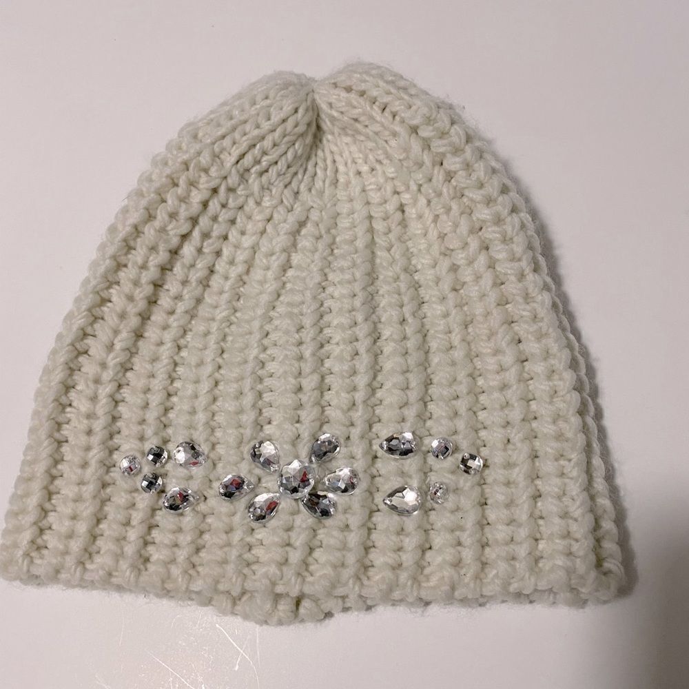 White ivory knit chunky beanie hat rhinestone bling jewel accents adult small